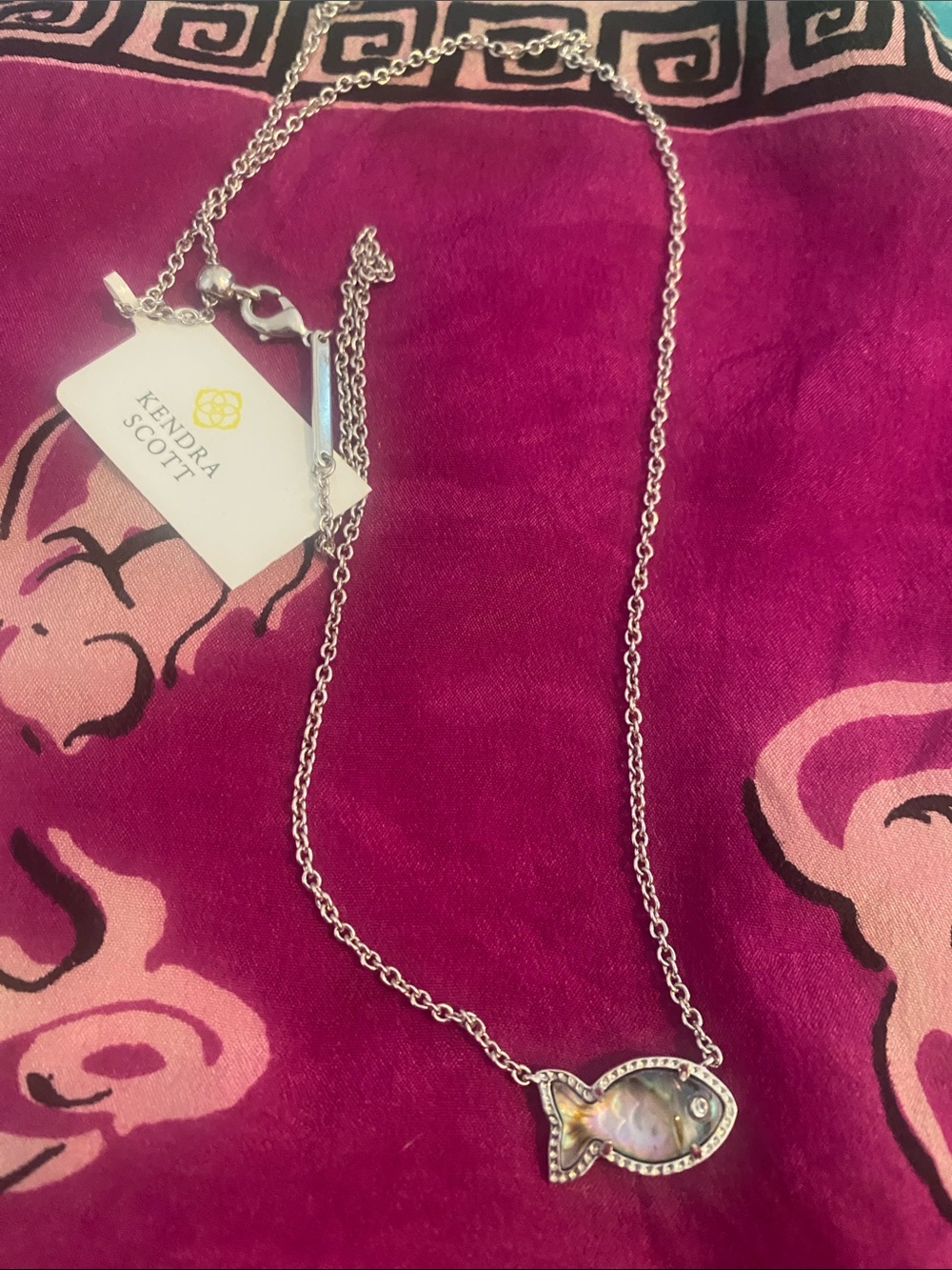 Kendra Scott Silver Fish Pendant Necklace with Iridescent Pink-Blue Inlay - Picture 3 of 4